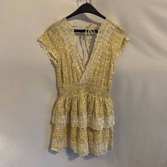 American Eagle Cotton Linen Yellow Deep V-Neck Mini Dress Lace Floral Medium - Picture 5 of 8